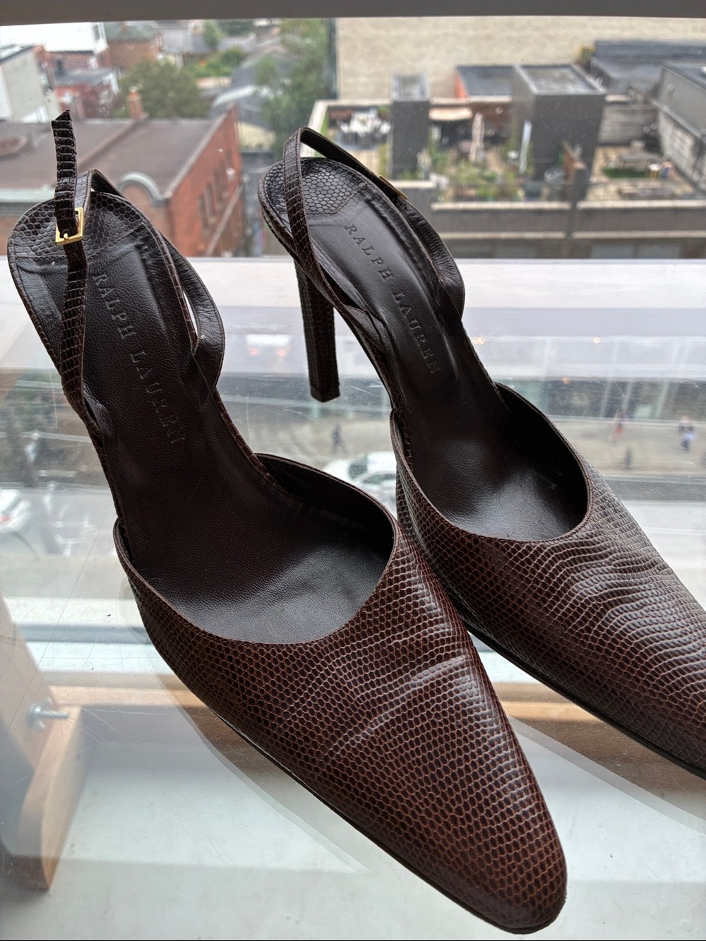 Ralph Lauren Made in Italy Brown Embossed Leather Slingback Heels 8.5